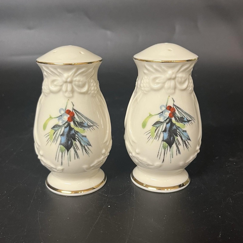 Lenox Holiday Salt and Pepper Shaker Set Ivory China Gold Trim Holly Berry